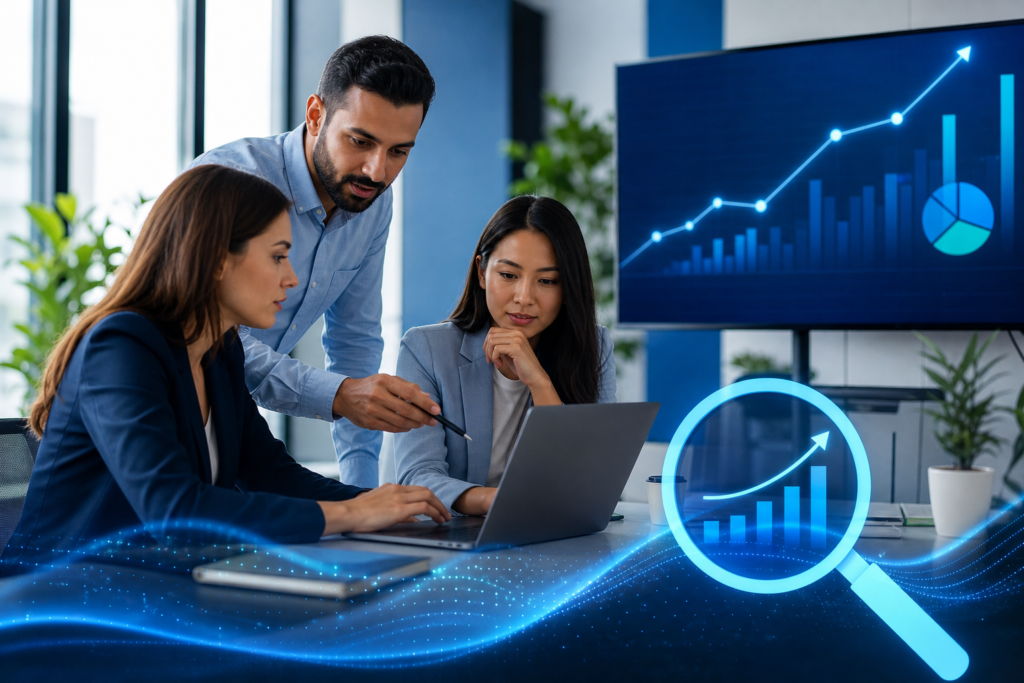 Business team reviewing SEO analytics to understand business growth
