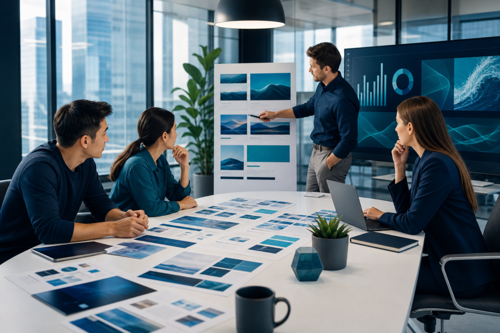 Enterprise team reviewing conversion-focused web design strategy in a modern office