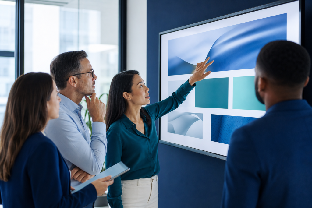 Enterprise team reviewing landing page design strategy in a modern office