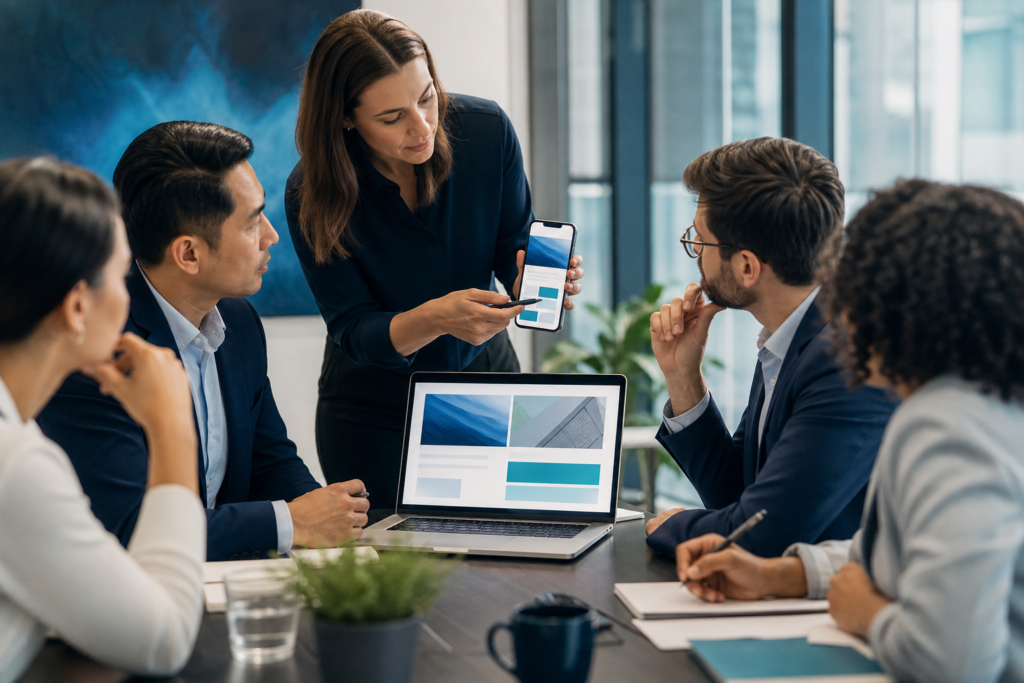 Enterprise team discussing mobile-first design strategy in a modern office