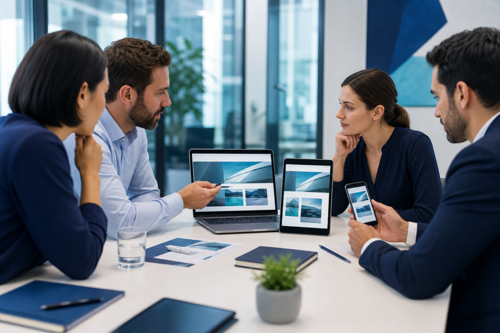 Enterprise team reviewing responsive web design on multiple devices