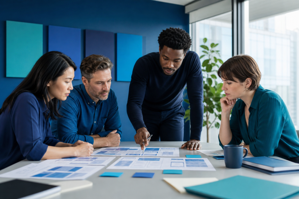 Enterprise team reviewing user experience design strategy in a modern meeting room