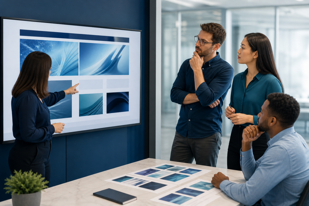 Enterprise team reviewing website visual hierarchy on a large screen