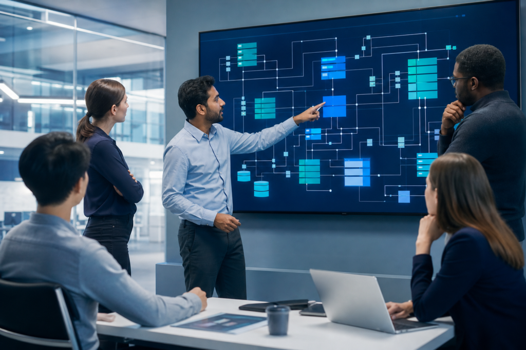 Enterprise team reviewing backend development strategy in a modern office