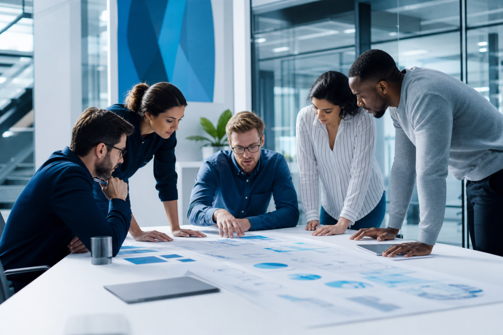 Enterprise team discussing custom web development strategy in a modern office