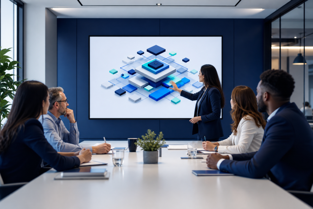 Enterprise team discussing headless CMS development strategy in a modern office