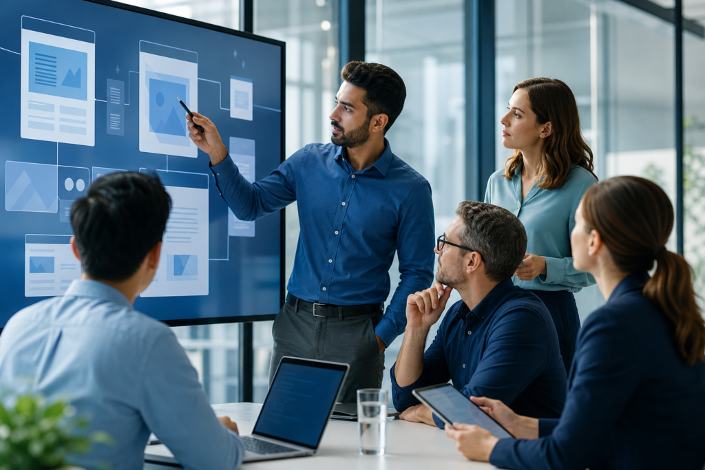 Enterprise team evaluating a progressive web app strategy in a modern office