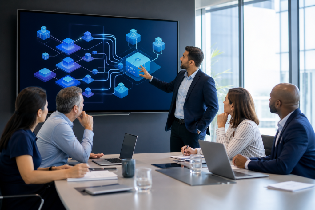 Enterprise team discussing web application architecture in a modern office