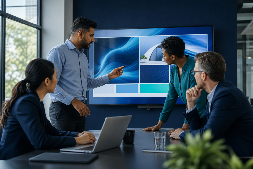 Enterprise team discussing web development outsourcing strategy in a modern office