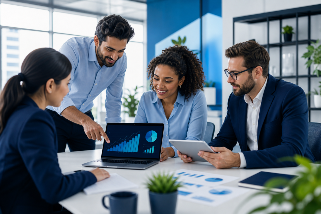 Growing brand team reviewing e-commerce analytics data in a modern office