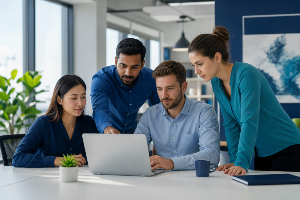 Team reviewing e-commerce SEO strategy in a modern workspace