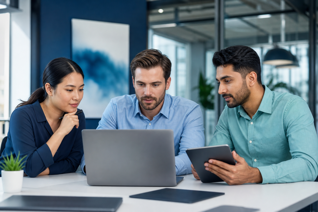 Team reviewing product page optimization strategy in a modern office