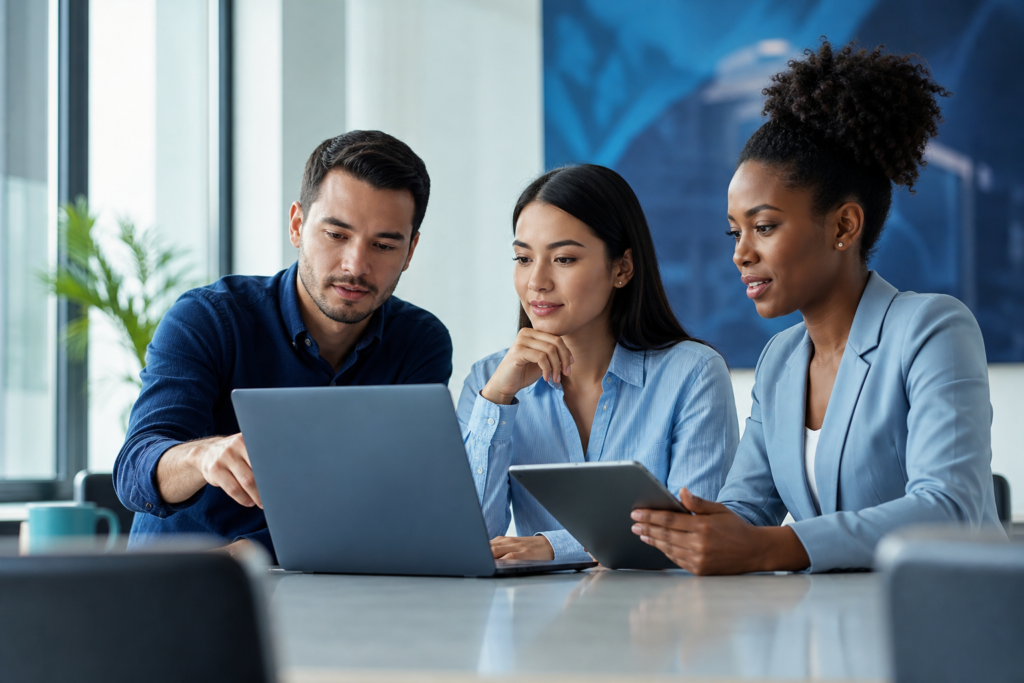Business team reviewing an e-commerce checkout flow in a modern workspace