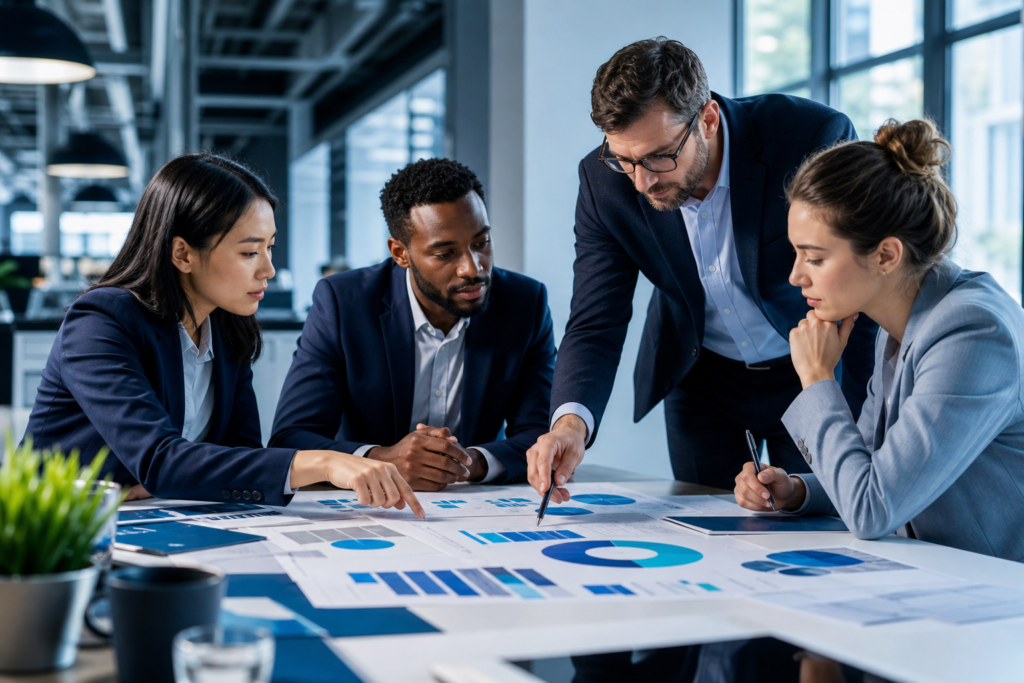 Business team discussing website budget planning in a modern office
