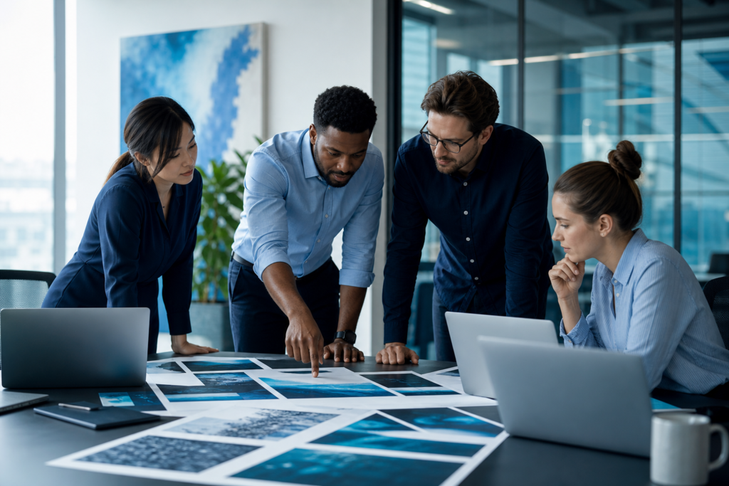 Business team planning a website launch strategy in a modern office