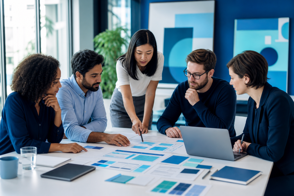 Business team discussing website planning strategy in a modern office