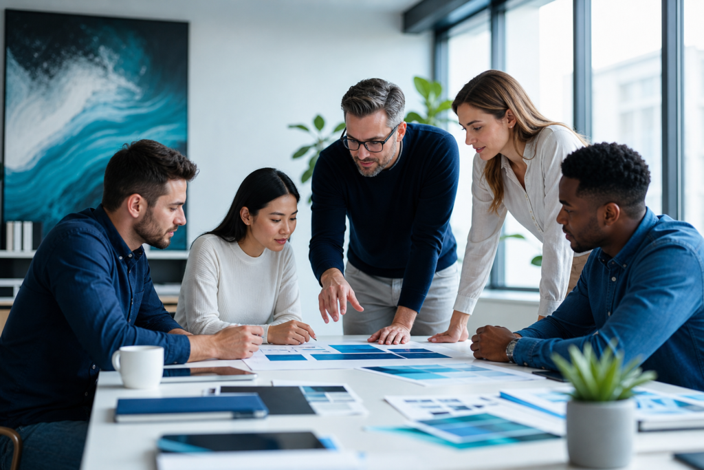Growing business team reviewing website platform selection strategy