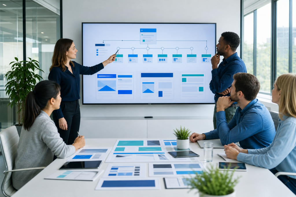 Business team reviewing a website project roadmap in a modern office