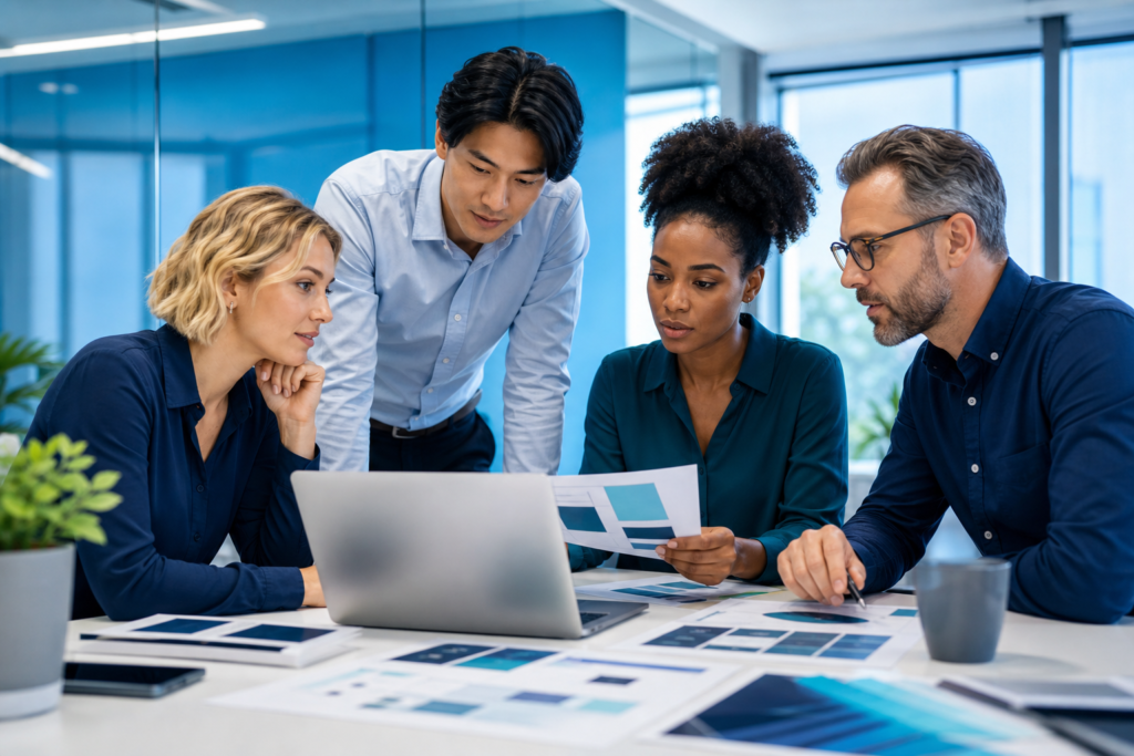 Business team reviewing a website redesign strategy in a modern office