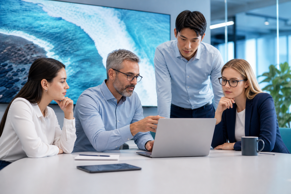 Business team reviewing website requirements strategy in a modern office