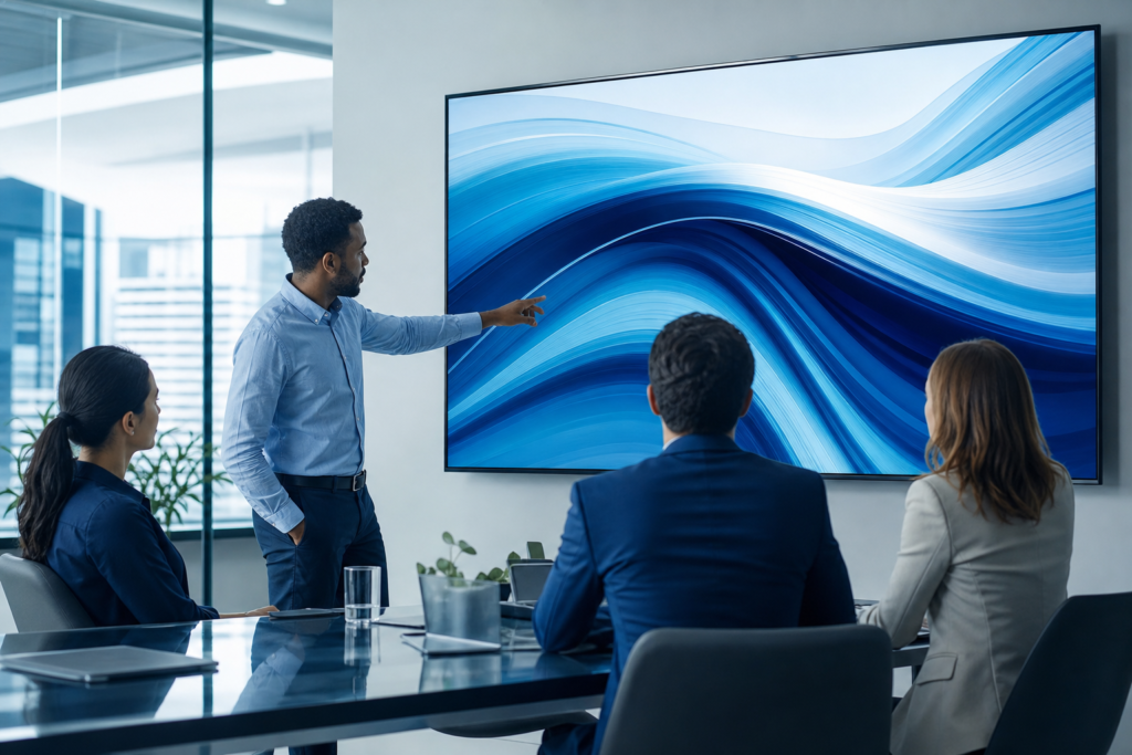 Business team reviewing website strategy in a modern office