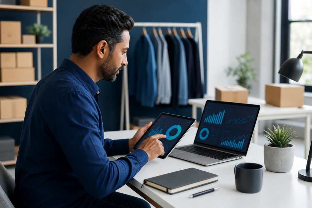 Business owner reviewing e-commerce analytics data in a modern workspace