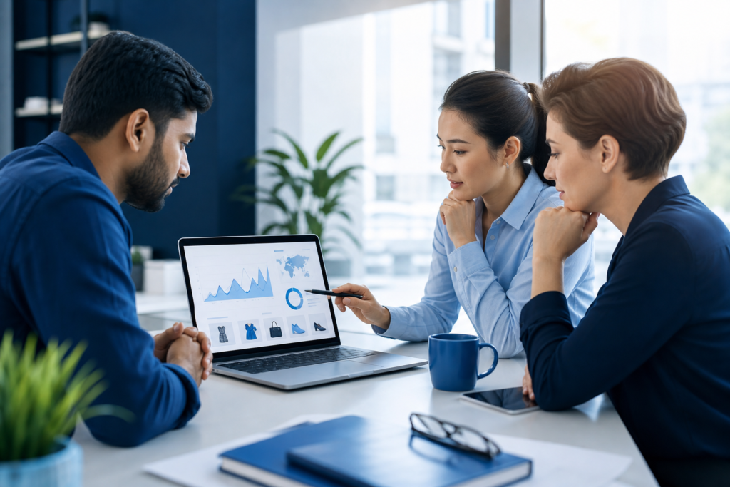 Online retail team reviewing e-commerce SEO performance on a laptop in a modern office