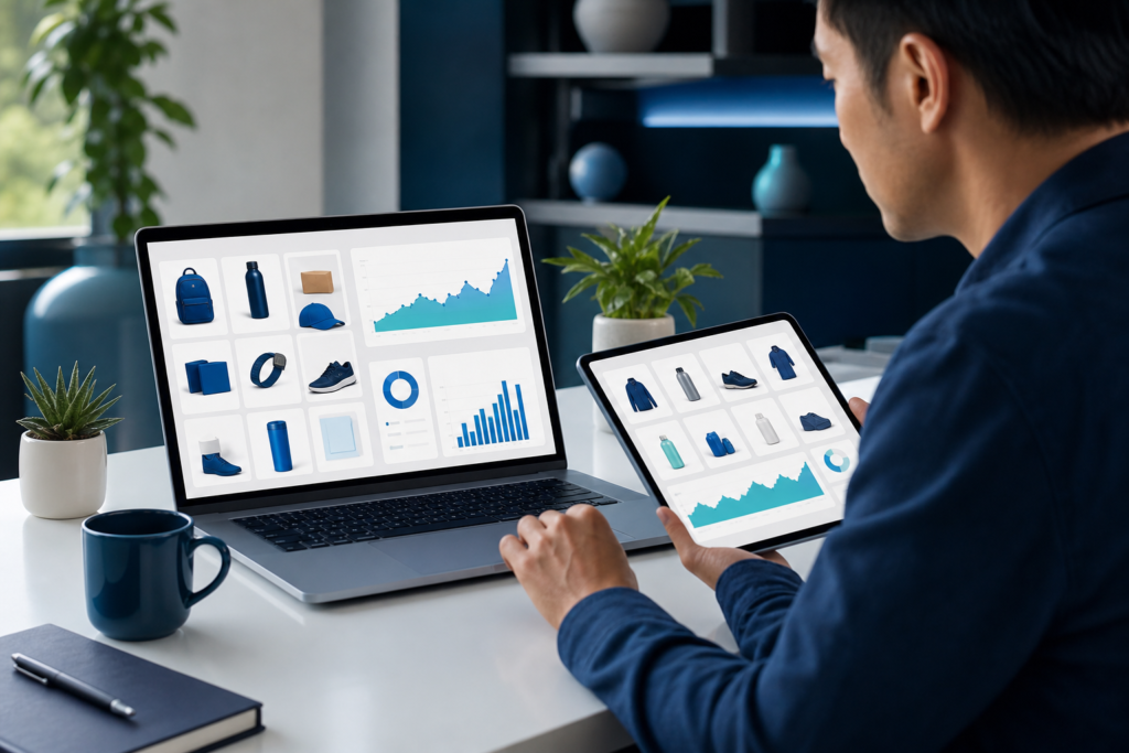 Online retailer reviewing product page optimization on laptop and tablet