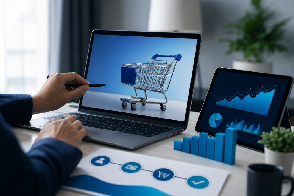 Professional illustration of shopping cart optimization for online retailers