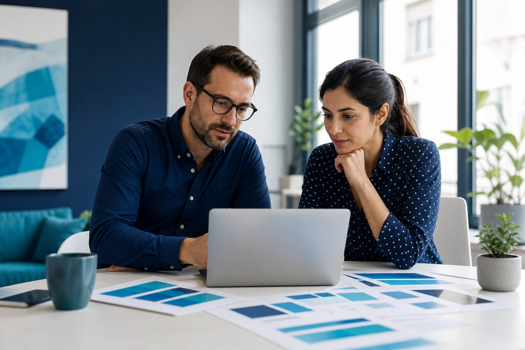 Small business owner and designer reviewing conversion-focused web design strategy in a workspace