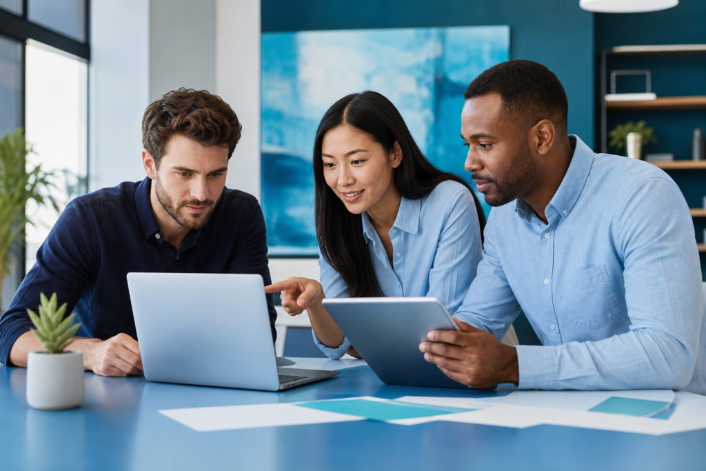 Small business team reviewing website layout and visual hierarchy on digital devices