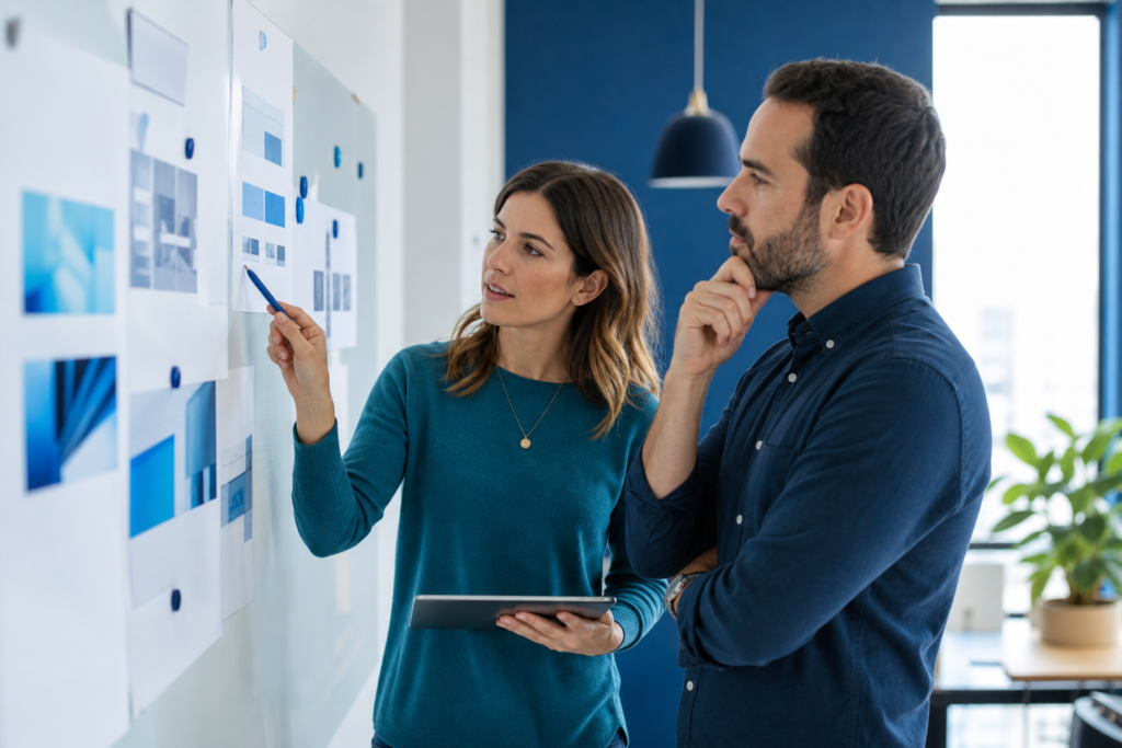 Startup founder and strategist reviewing a custom web development plan