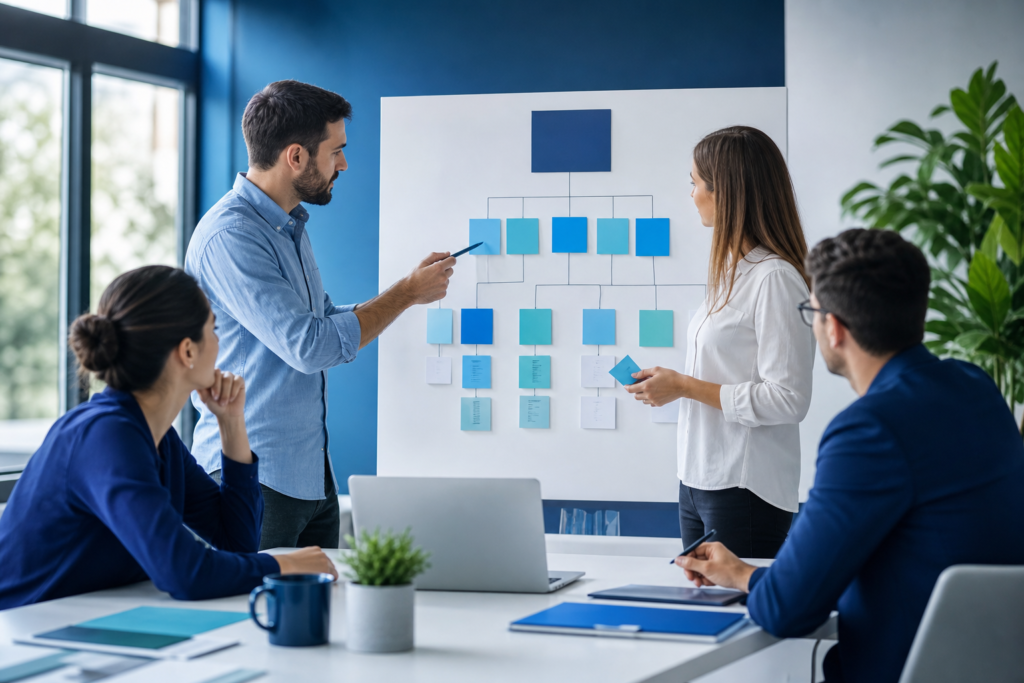 Startup team planning headless CMS development strategy in a modern office