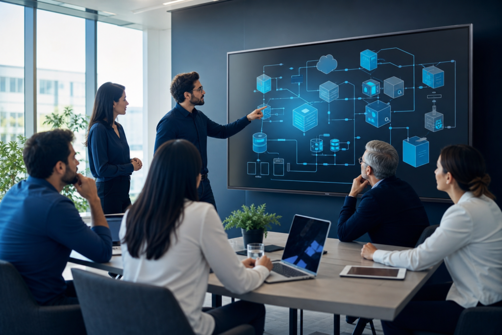 Startup team reviewing web application architecture planning in a modern office