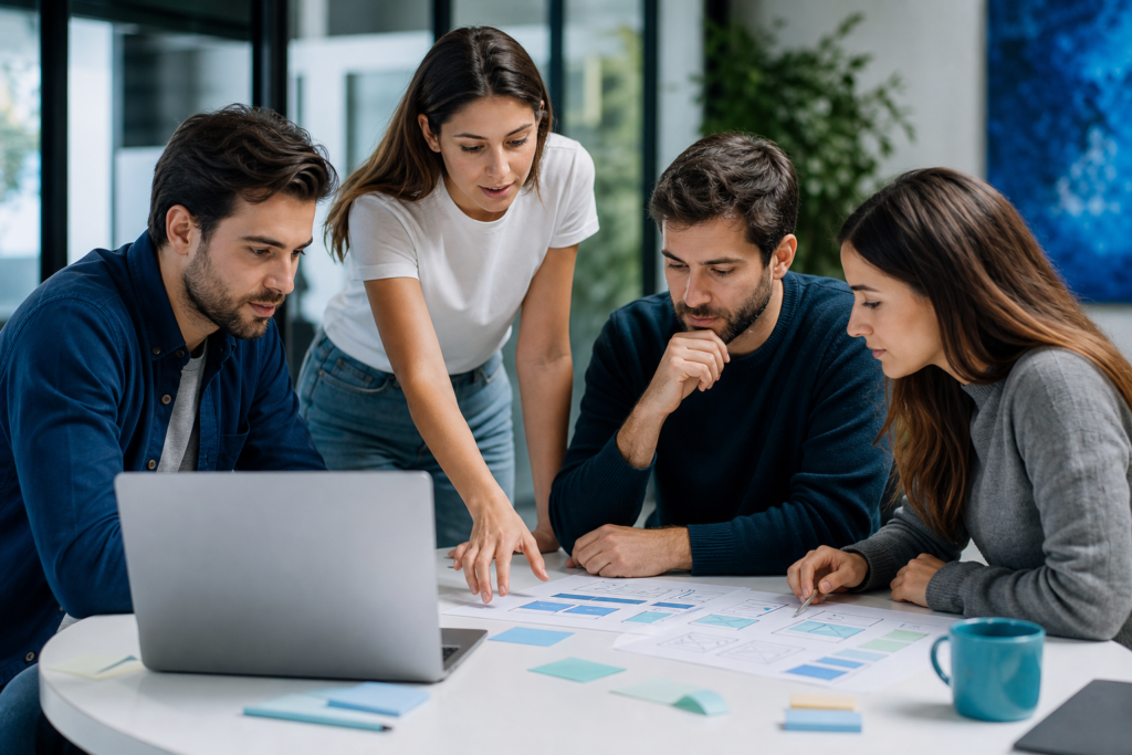 Startup team planning web development outsourcing strategy in a modern workspace