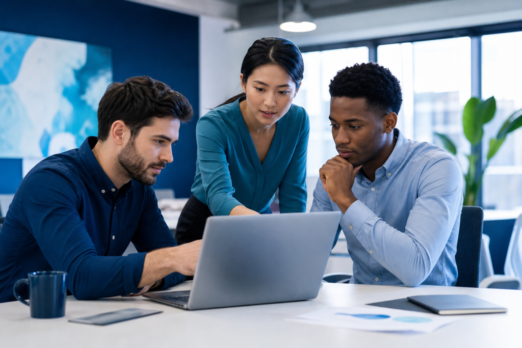 Startup team reviewing a website quality assurance checklist in a modern workspace