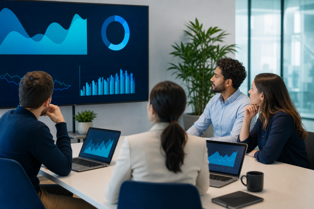Startup team reviewing website performance engineering priorities in a modern workspace