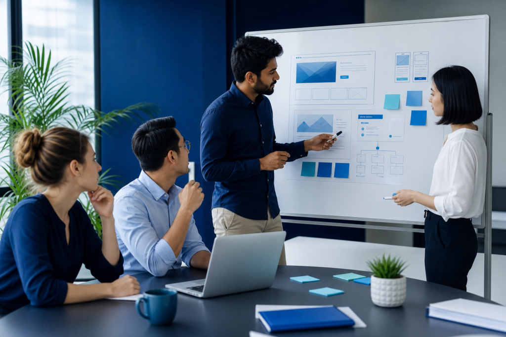 Startup team discussing website planning in a modern office