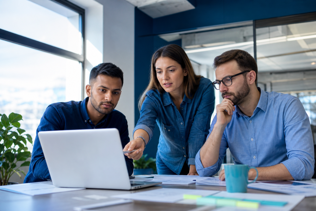 Startup team discussing website platform strategy in a modern office
