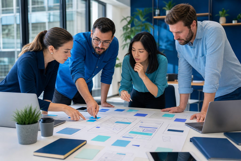 Startup team reviewing a website project roadmap in a modern office