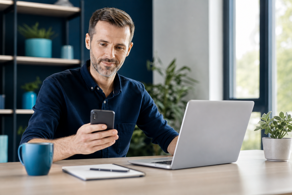 Small business owner reviewing a mobile-first website design on a smartphone