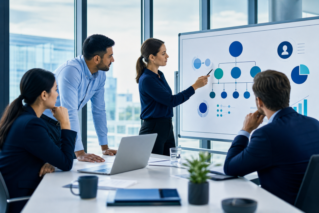 Business team planning a CRM implementation in a modern office