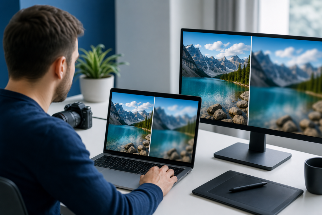 Professional comparison of sharp and blurry images after resizing on a desk workspace