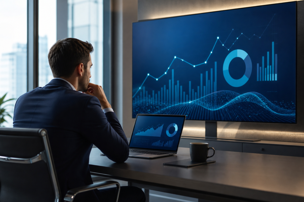 Business professional reviewing website traffic and conversion analytics in a modern office