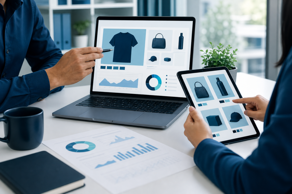 Business team planning WooCommerce development strategy in a modern workspace