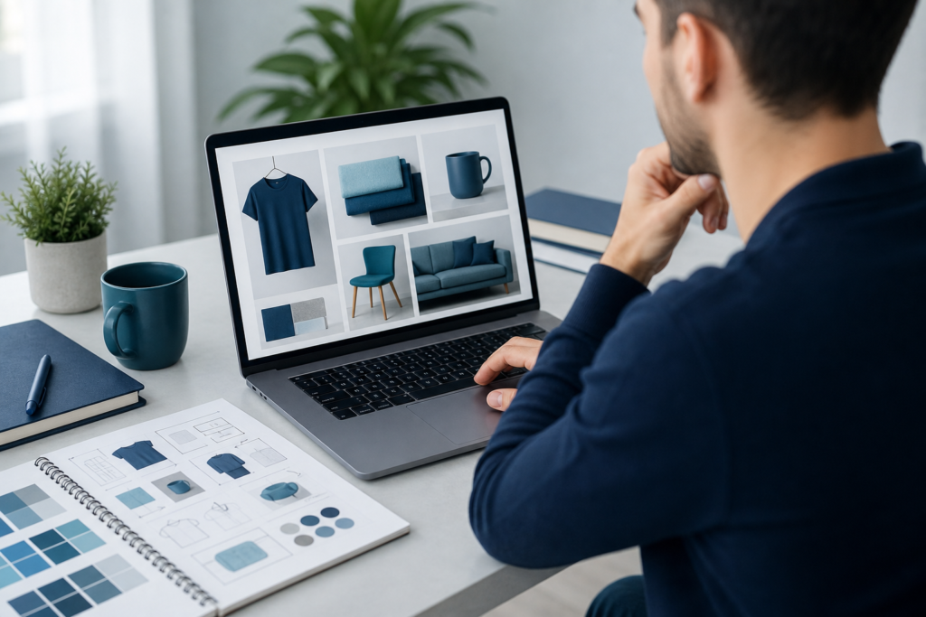 E-commerce specialist reviewing WooCommerce store strategy on a laptop in a modern workspace