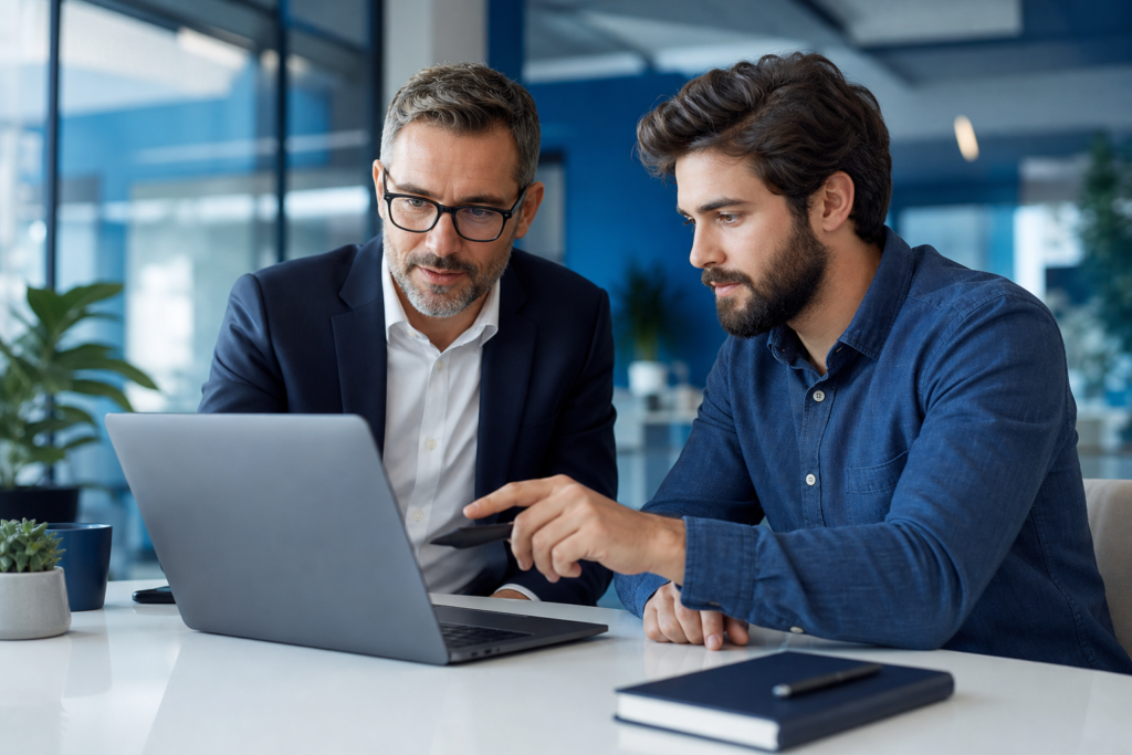 Business owner and developer reviewing a WooCommerce store strategy in a modern office