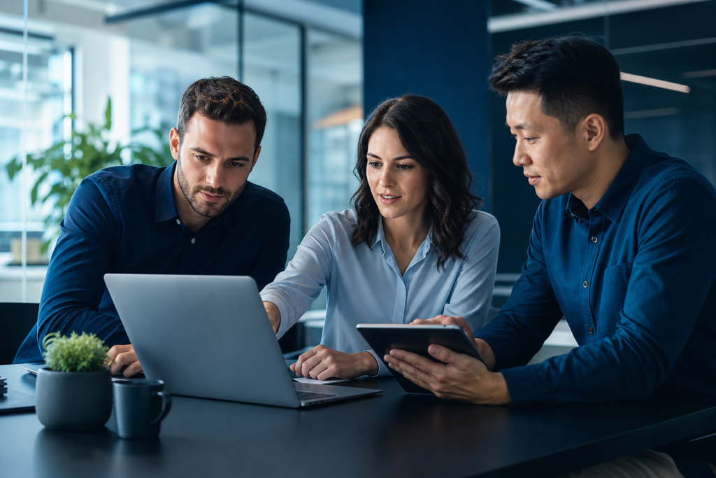 Business team reviewing WooCommerce ecommerce growth strategy in a modern workspace